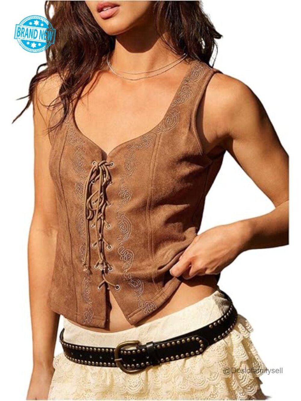 Women's Corset Floral Embroidery Faux Suede Lace Up Front Vest Top Halloween